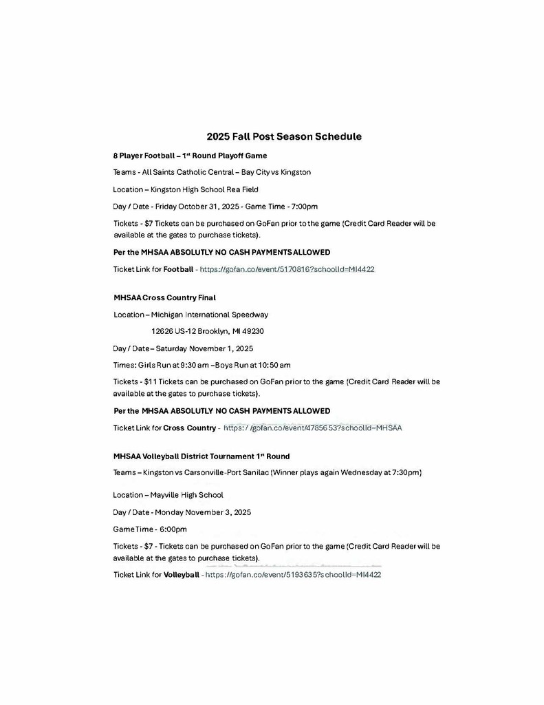 Updated Post Season Schedule