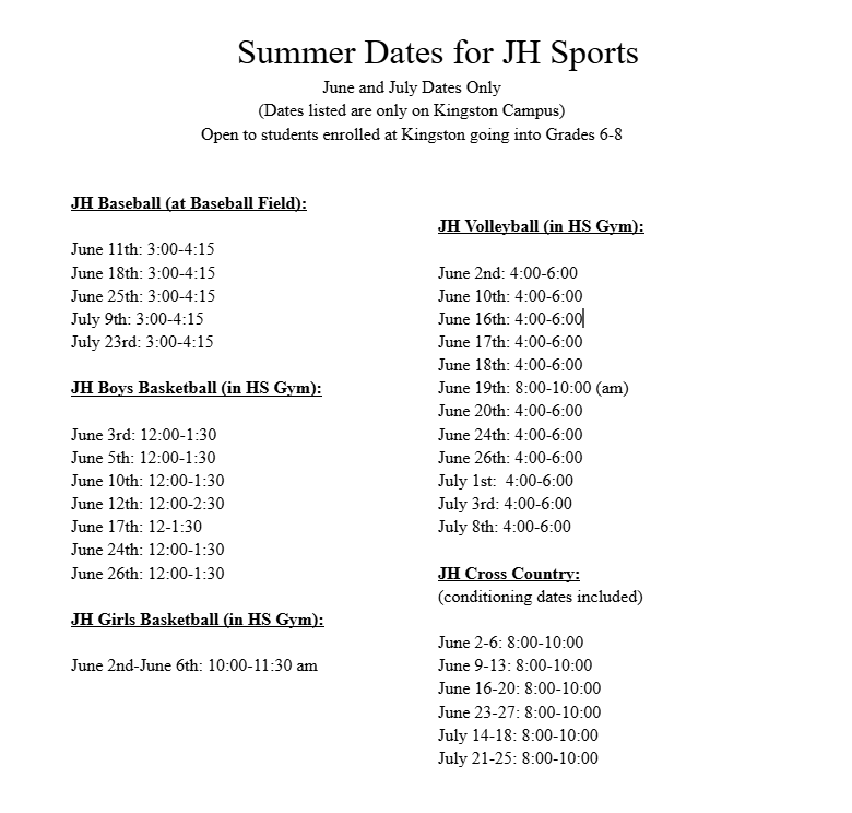 Summer Dates for JH