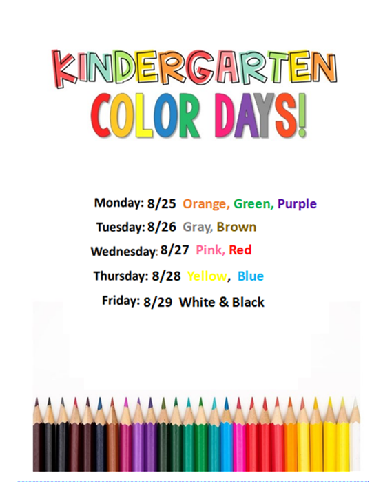 Help Kindergarten learn their colors by wearing these colors!