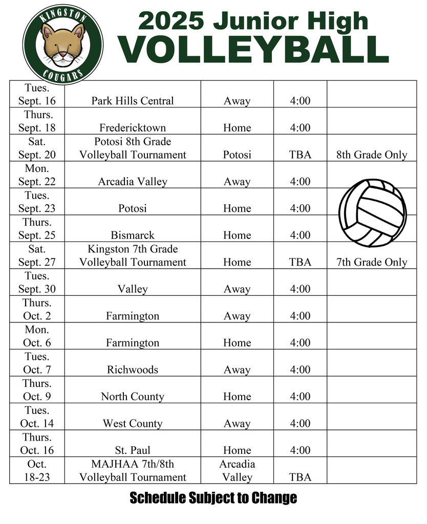 JH Volleyball Schedule 2025