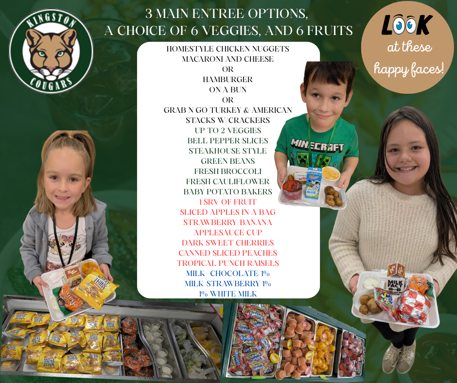 Our PK-5 students get to choose 1 out of the 3 main entrees, 2 out of 6 veggie options, 1 out of the 6 fruit options, as well as their choice of milk and condiments.. 
