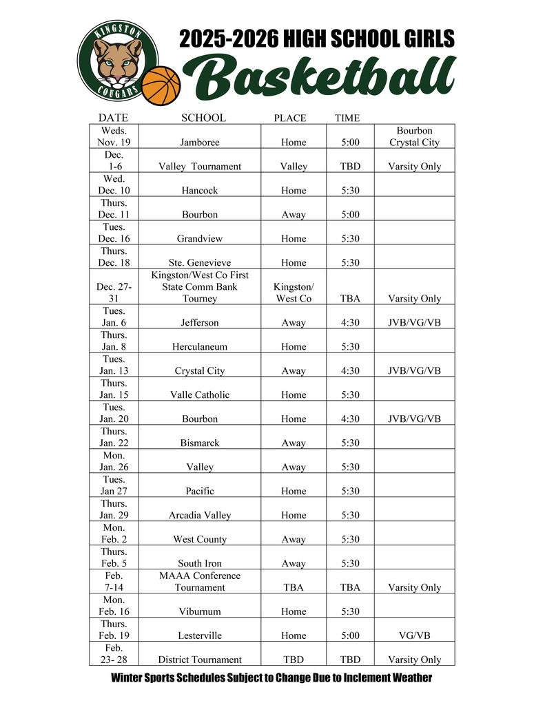 25-26 HS Girls Basketball Schedule