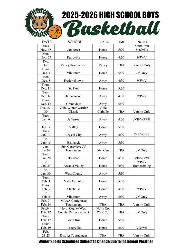 25-26 HS Boys Basketball Schedule