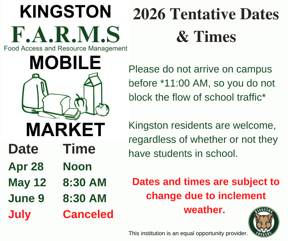 Mobile Market is scheduled for the following dates and times: April 28 at 12:00 PM, May 12 at 8:30 AM, June 9 at 8:30 AM, and July (Canceled).