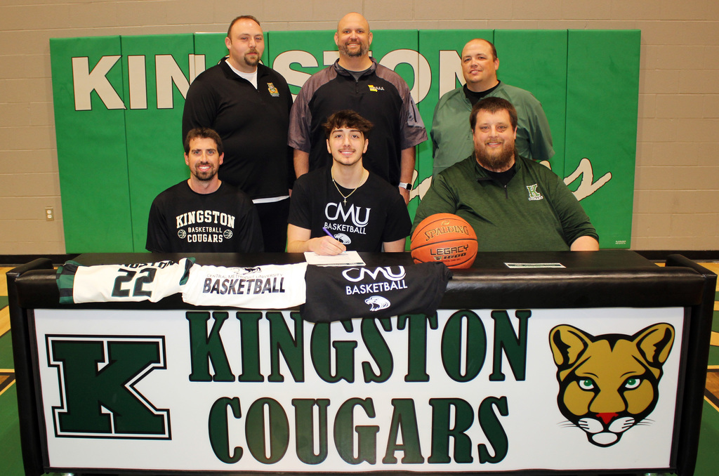 Front Row (L-R)-Asst Coach Adam Winkler, Brady Thompson, Head Coach Zeke Schupp. Back Row (L-R)- Board President Chris Massey, Athletic Director Paul Hamilton, JH Boys Basketball Coach Aaron Ross