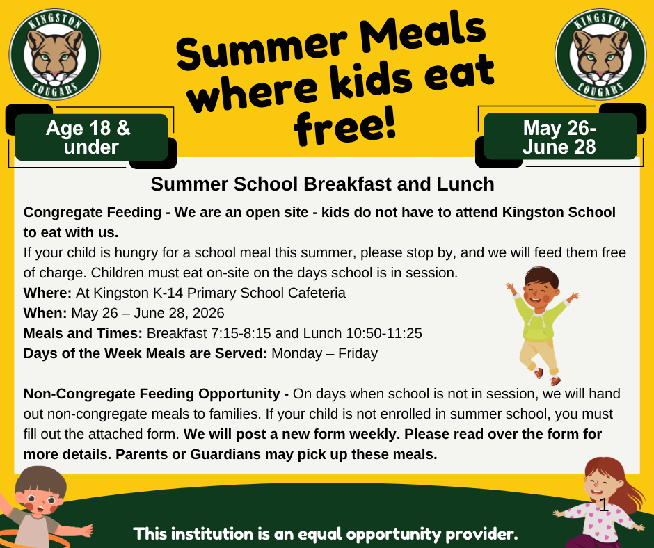 Summer Meals where kids eat free! May 26-June 28, 2026