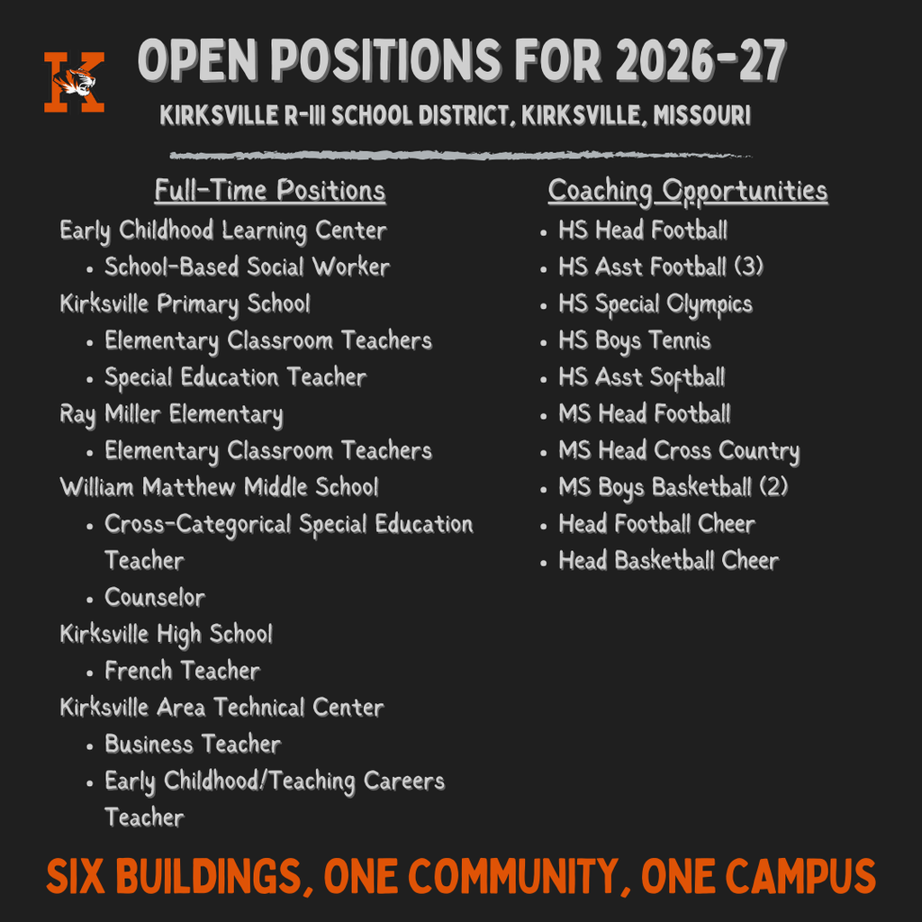 Full-Time Positions Early Childhood Education Center School-Based Social Worker Kirksville Primary School Elementary Classroom Teachers Special Education Teacher Ray Miller Elementary Elementary Classroom Teachers William Matthew Middle School Cross-Categorical Special Education Teacher Counselor Kirksville High School French Teacher Kirksville Area Technical Center Business Teacher Early Childhood/Teaching Careers Teacher Coaching Opportunities HS Head Football HS Asst Football (3) HS Special Olympics HS Boys Tennis HS Asst Softball MS Head Football MS Head Cross Country MS Boys Basketball (2) Head Football Cheer Head Basketball Cheer