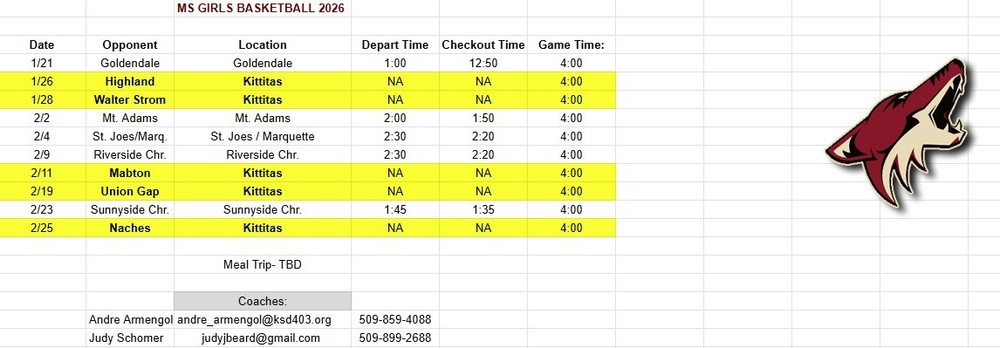 2026 KS Middle School Girls Basketball Schedule
