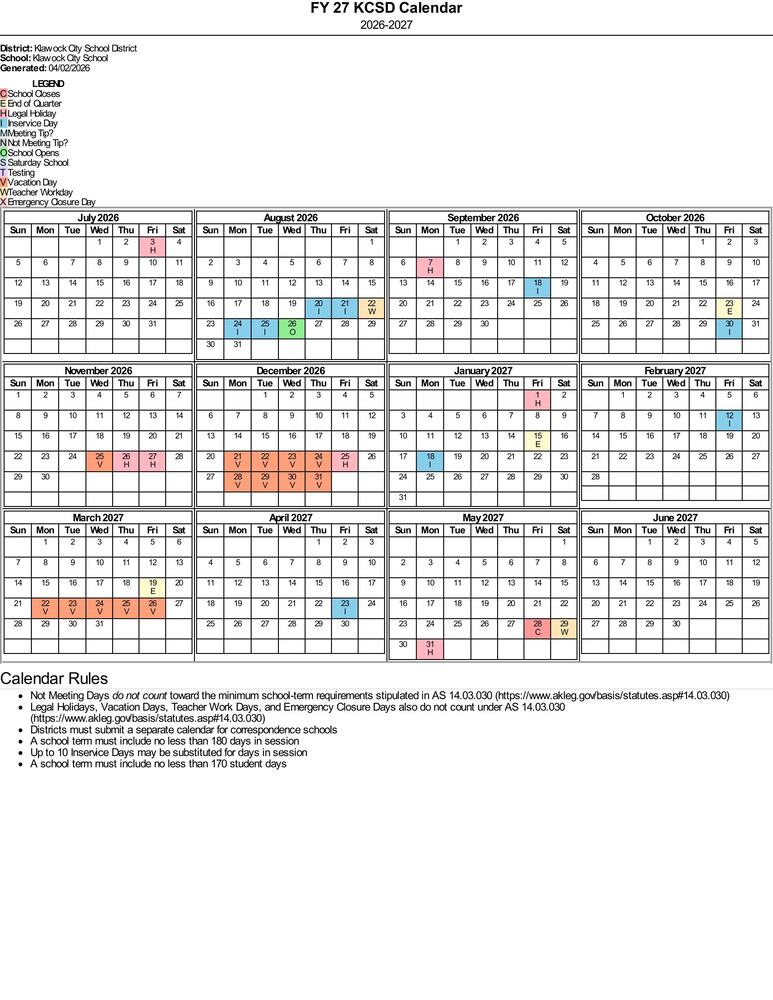2026-27 KCSD Calendar