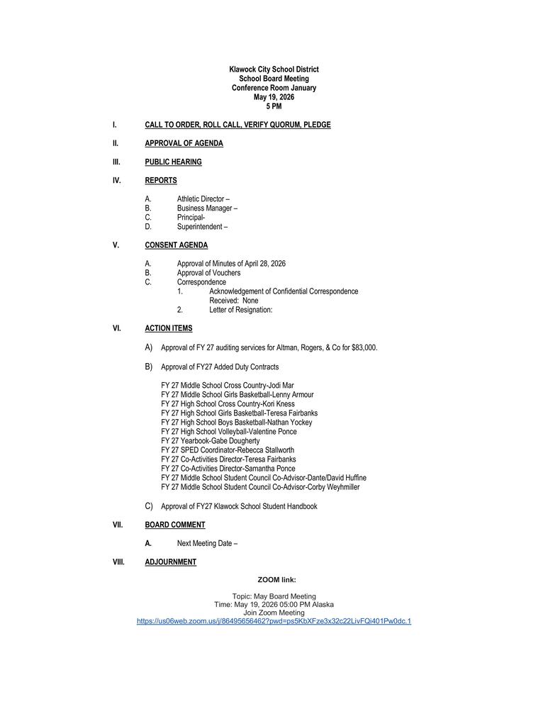 May 2026 KCSD School Board Agenda