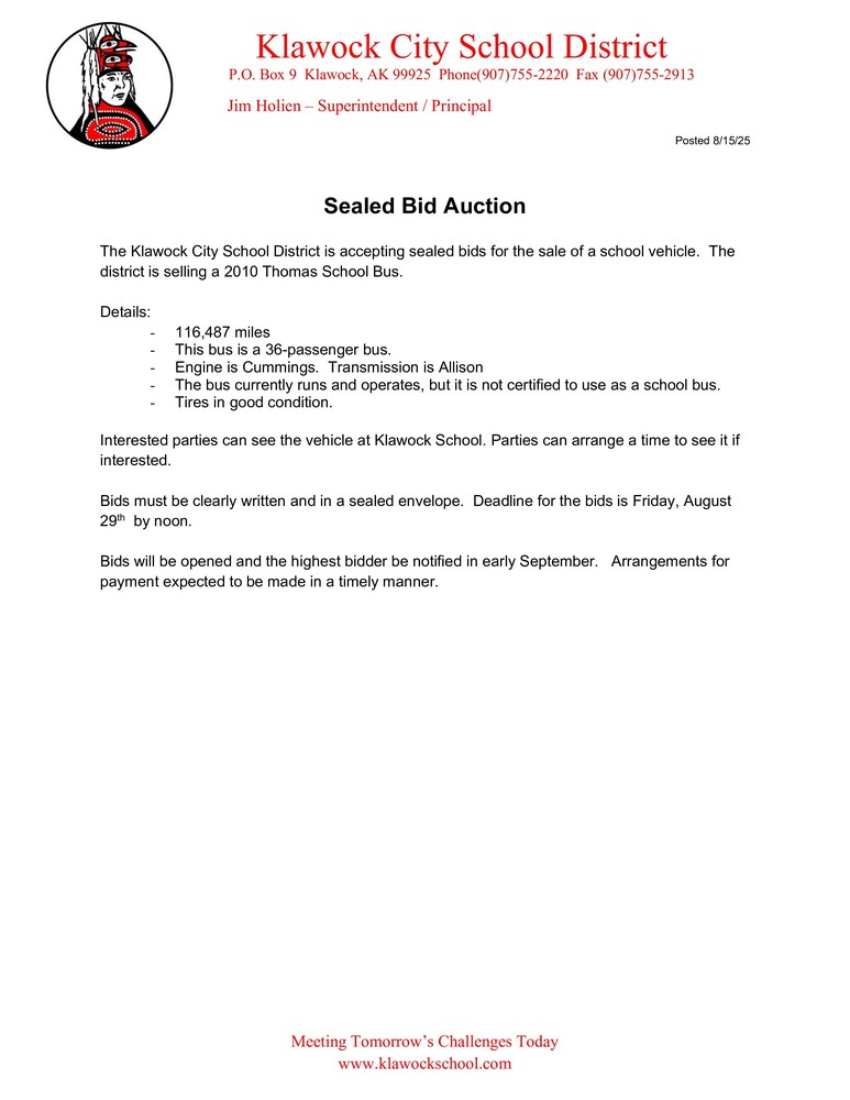 Sealed bid 8/15/2025