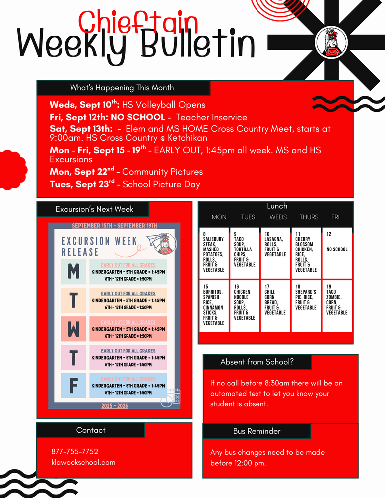 Chieftain Weekly Bulletin with whats happening this month, excursions next week, lunch menu for two weeks, note about absence form school and bus reminder