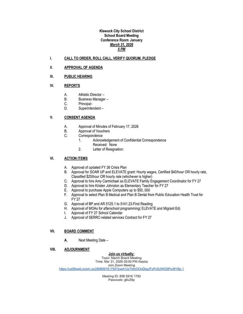 March 2026 KCSD School Board Agenda 
