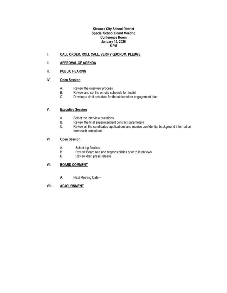 January 2026 Special Board Meeting 
