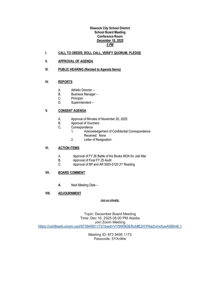 December 2025 KCSD School Board Agenda
