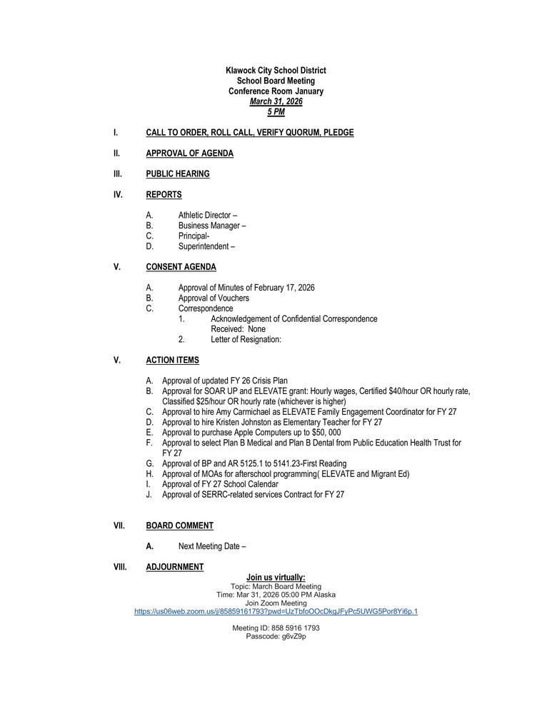 March 2026 KCSD School Board Agenda