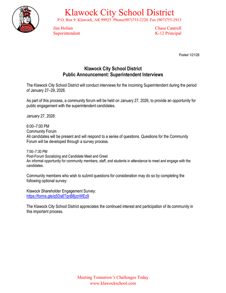 Klawock City School District Public Announcement: Superintendent Interviews