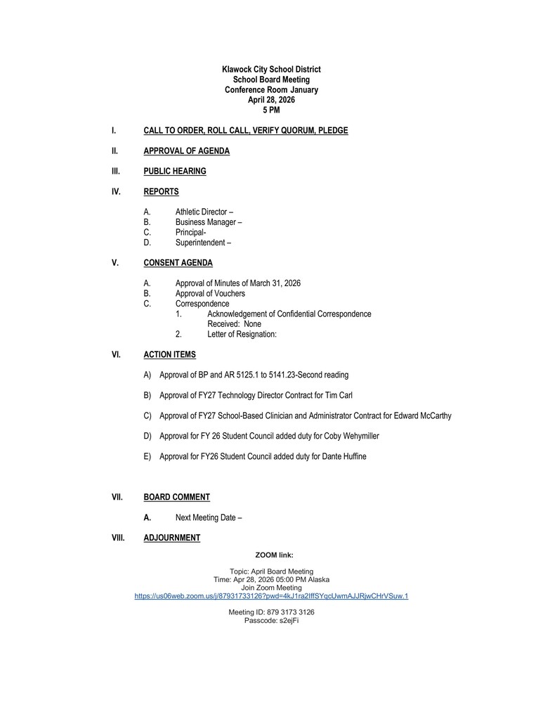 April 28, 2026 KCSD School Board Agenda