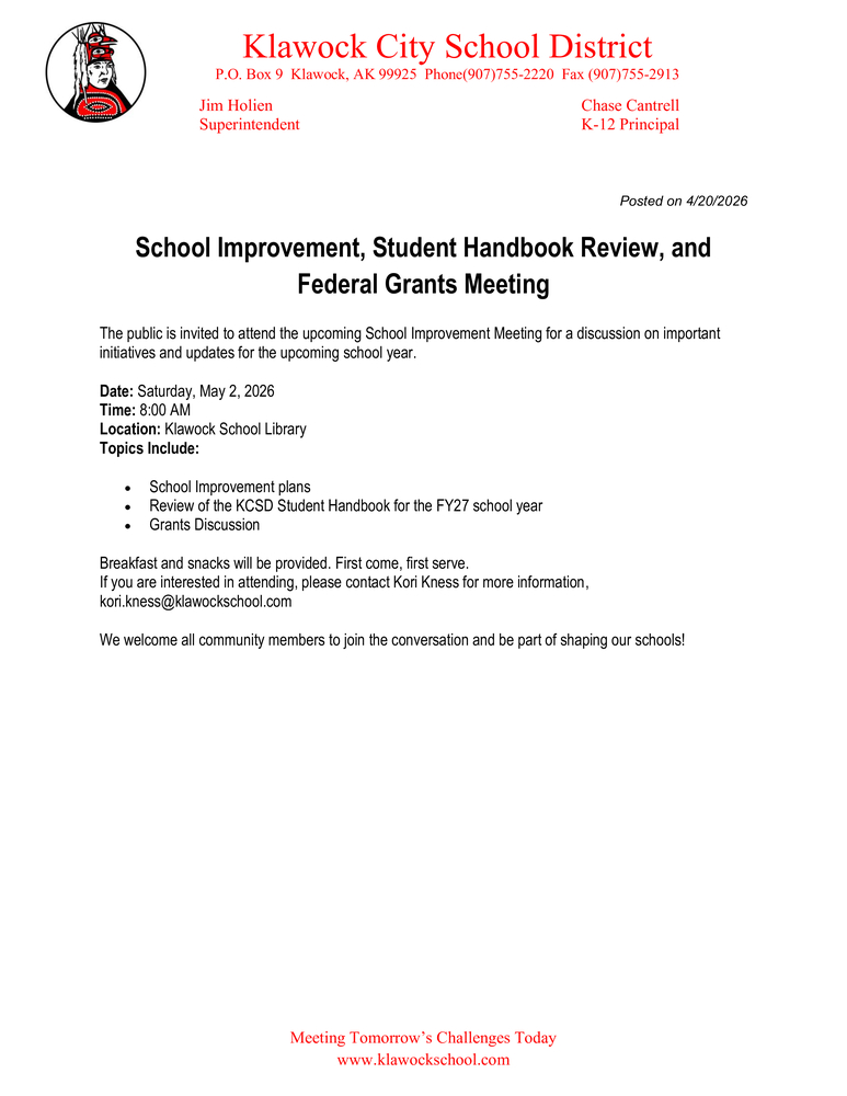 School Improvement, Student Handbook &  Federal Grants Meeting 
