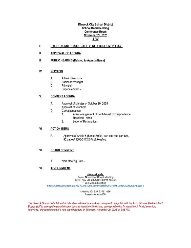 November 2025 KCSD School Board Meeting Agenda