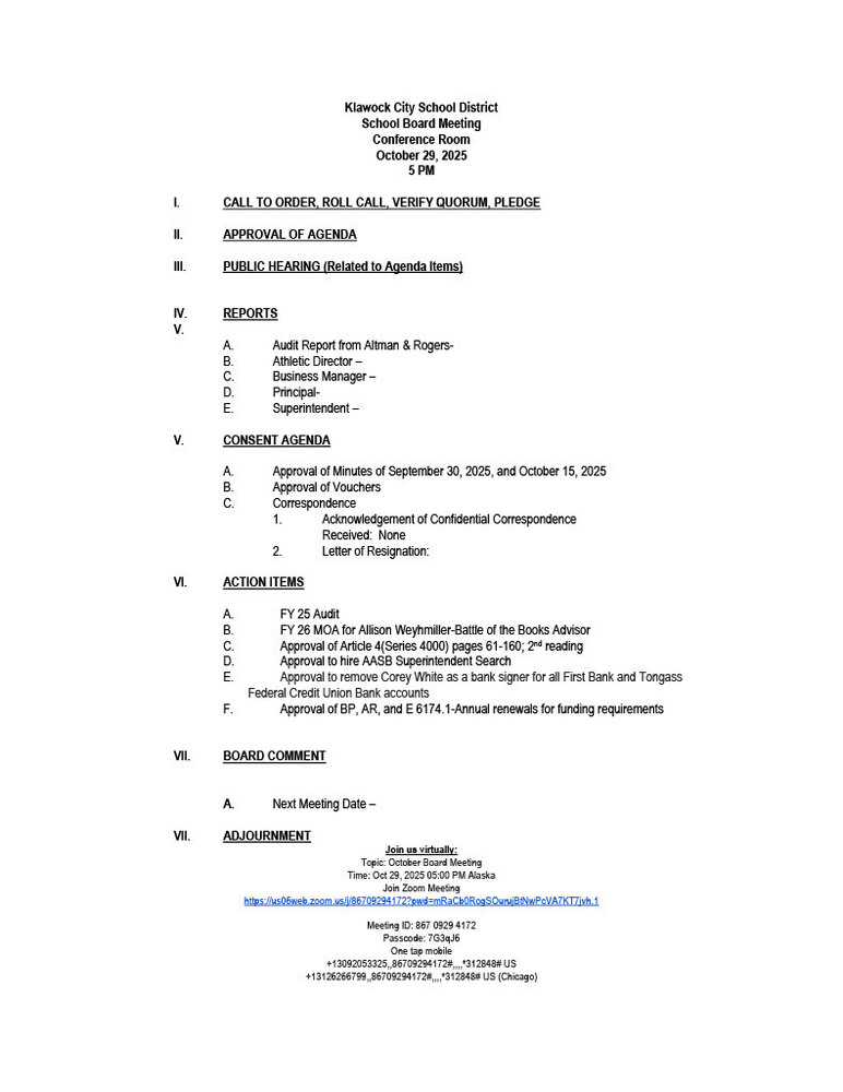 KCSD October 2025 School Board Agenda