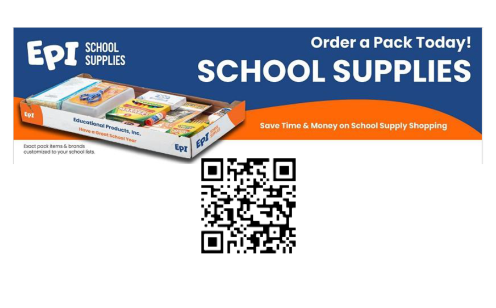 EPI School Supplies ad; Order a Pack Today! School Supplies; save time & money on school supply shopping; blue and orange image with various school supplies; QR code; scan QR code and order today