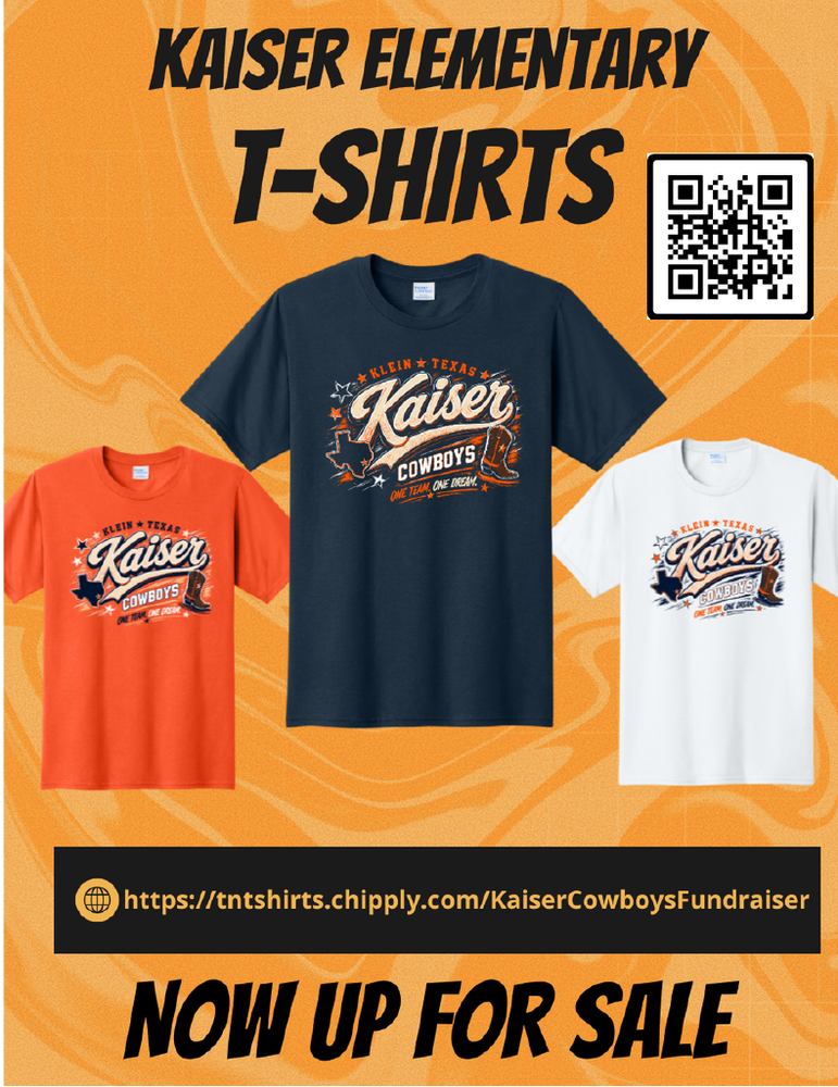 Three Kaiser Elementary t-shirts displayed: orange, navy, and white. Each shirt features a logo with "Kaiser" and "Cowboys." QR code to the right.