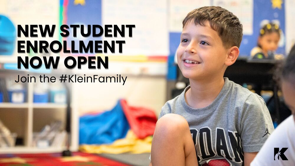 Student smiling in a classroom - text stating "New Student Enrollment Now Open'