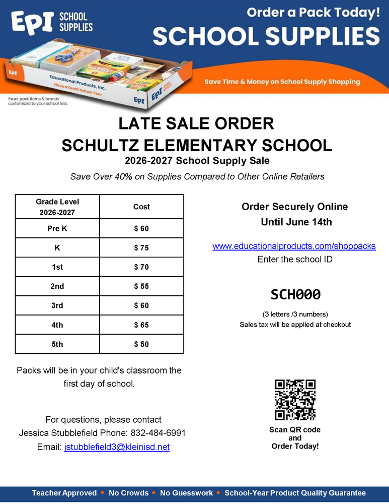 Late Sale order for 2026-2027 School Supplies