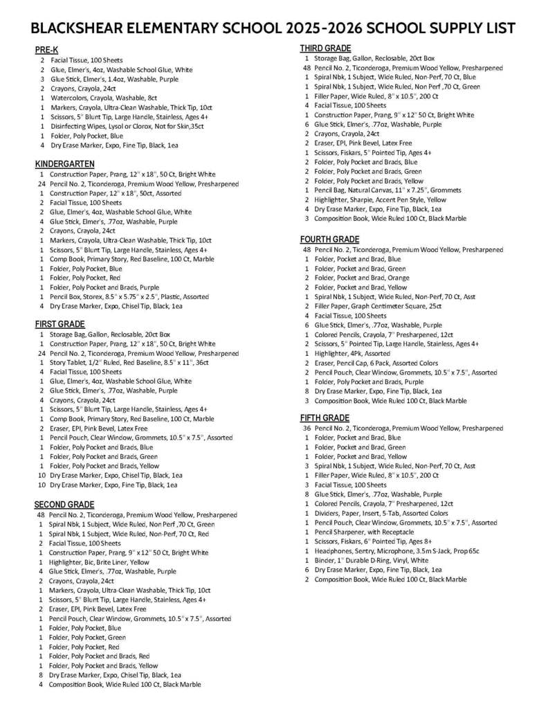 school supply lists