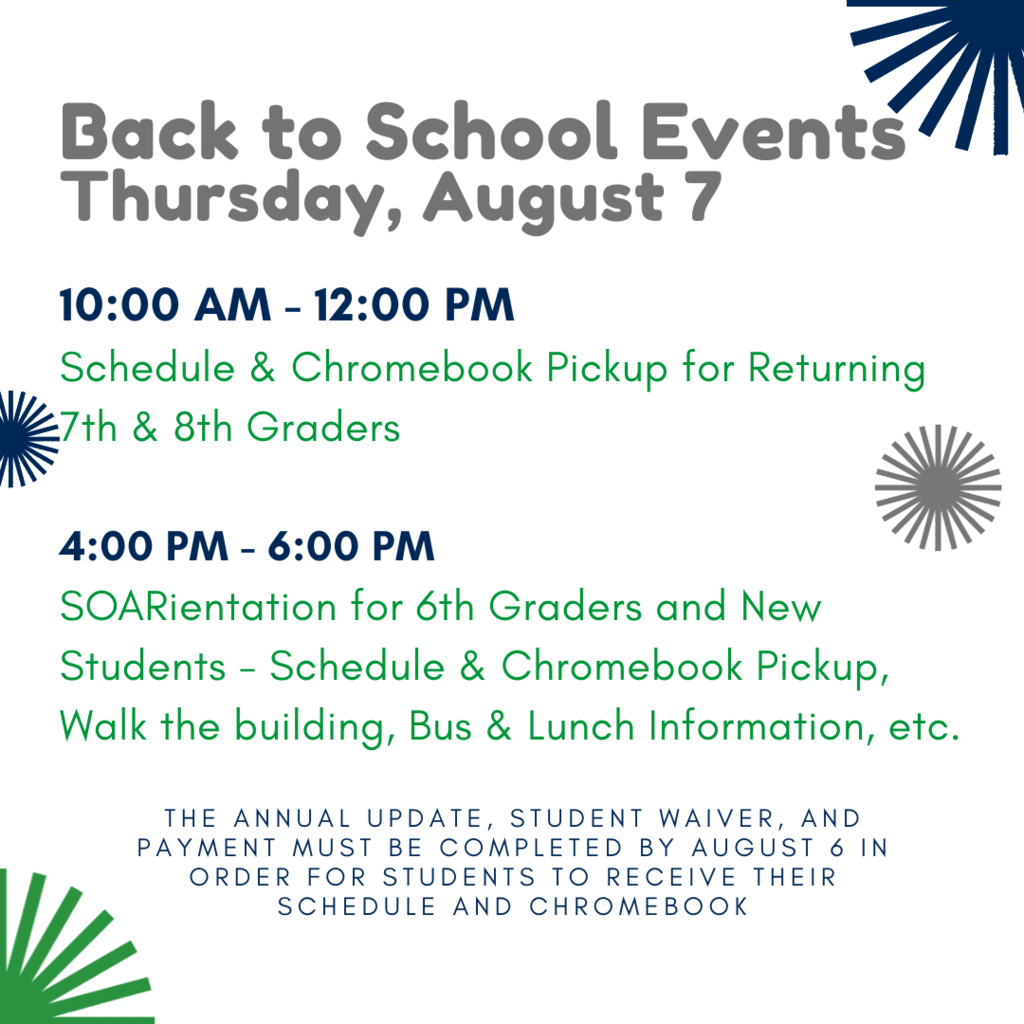 Hofius Schedule and Chromebook Pickup Thursday, August 7  10:00 AM - 12:00 PM Schedule & Chromebook Pickup for Returning 7th & 8th Graders  4:00 PM - 6:00 PM SOARientation for 6th Graders and New Students - Schedule & Chromebook Pickup, Walk the building, Bus & Lunch Information, etc.   The Student Annual Update, student waiver, and payment must be completed by August 6 in order for students to receive their schedule and Chromebook.