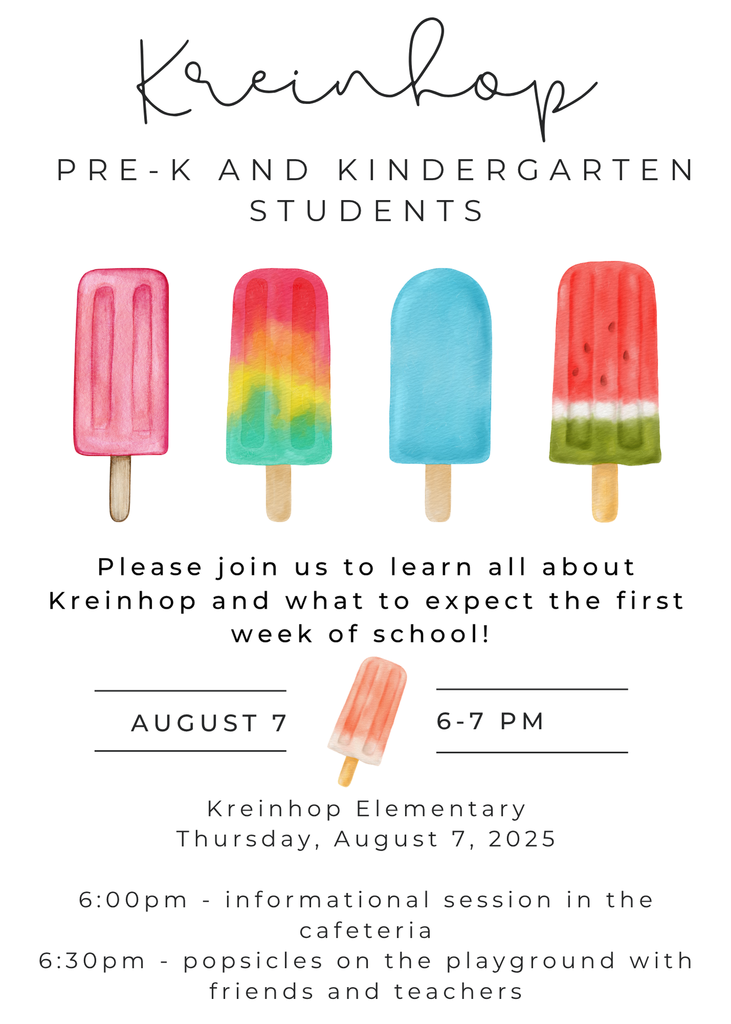 PK/Kinder Parent Info Night August 7th 6-7 pm