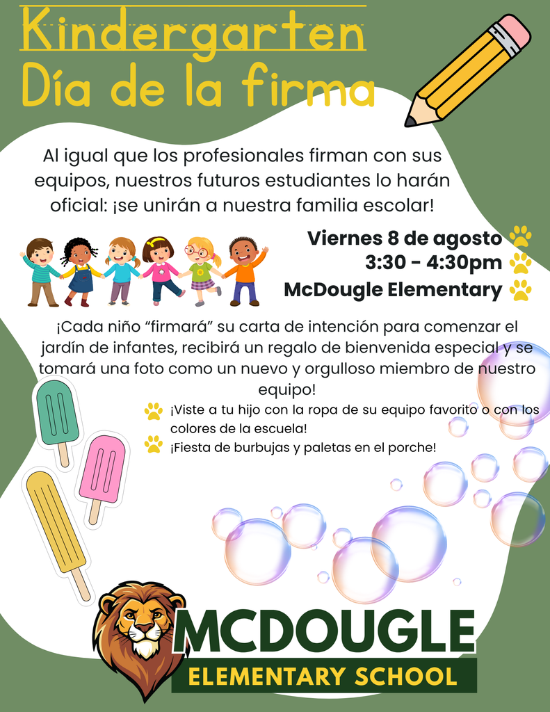 Green and white flyer with cartoon children, a pencil, popsicle and bubbles. Includes school logo