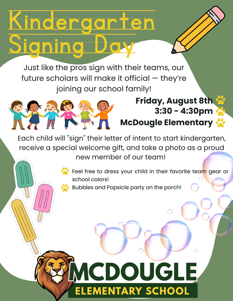 Green and white flyer with cartoon children, a pencil, popsicle and bubbles. Includes school logo
