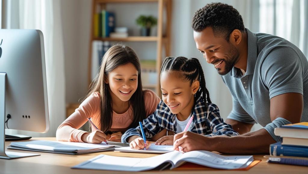 A family working on math homework together at a table.