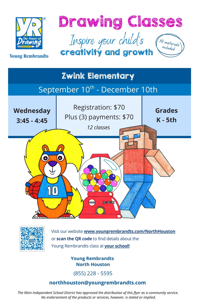 Klein ISD Zwink Elementary Young Rembrandts Art Club Flyer