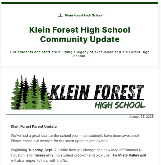 KF Newsletter and image of green forest trees