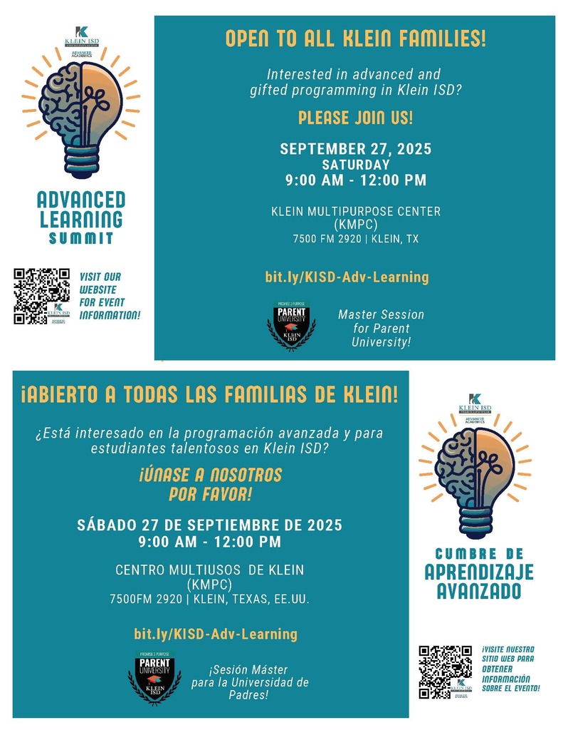 Open to All Klein Families! Advanced LearningnSummit September 27 from 9:00 am-12:00pm