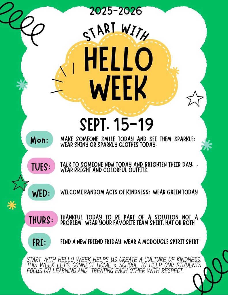 Flyer for Start with hello dress up days.  Sept. 15 - 19
