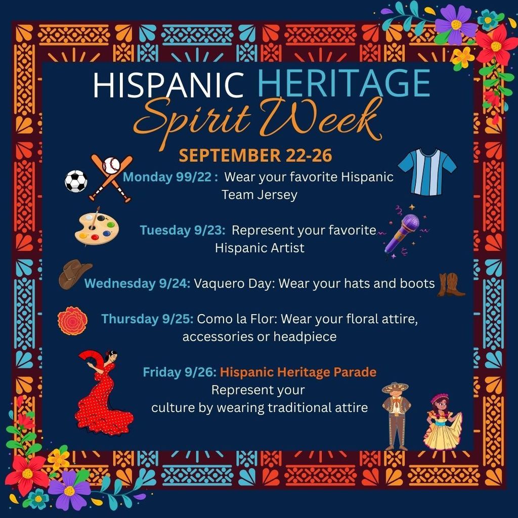 Hispanic Heritage Dress Up Week Images with Schedule of Days and Dress