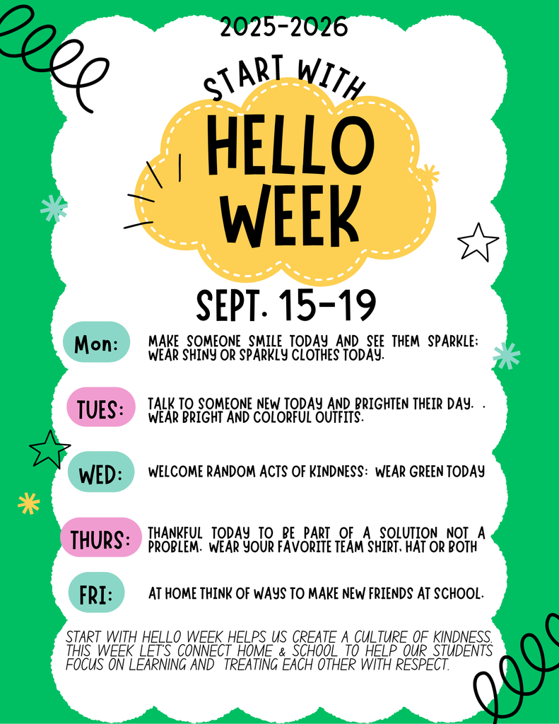 Green and yellow flyer with daily dress up days starting Monday, Sept. 18 ending with a home activity on Friday since students do not come to school on the 19th.