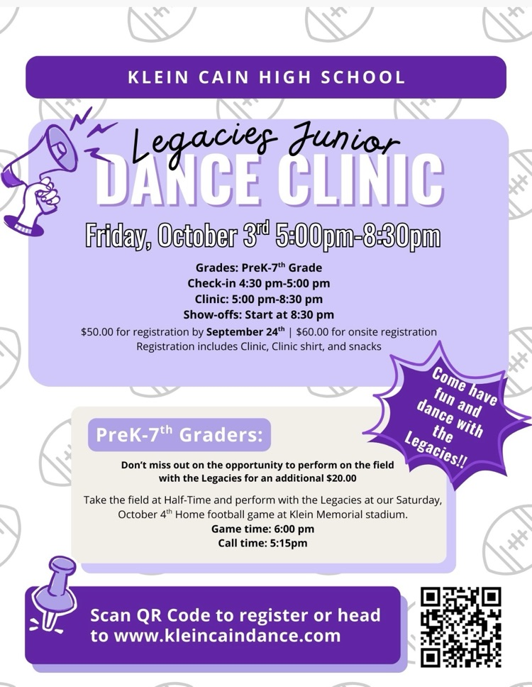Legacies Junior Dance Clinic 10/3/2025 5:00-8:30 pm PreK-7th graders