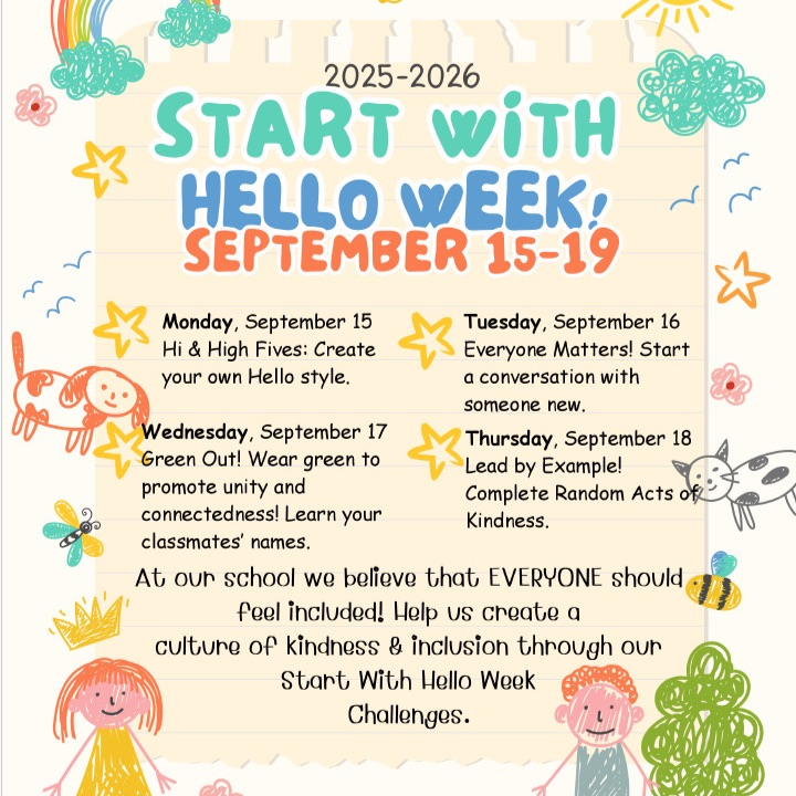flyer with information about Hello week all activities happening during school day wear green on Wednesday 