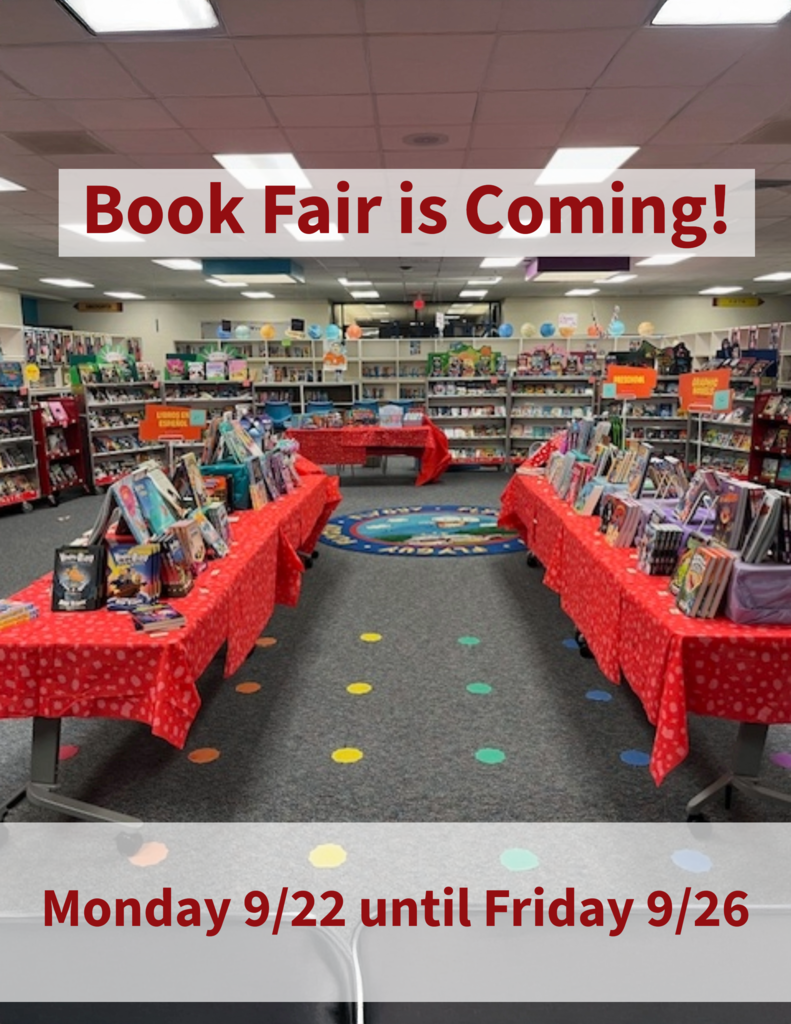 cases of books for sale, tables of books for sale; "Book Fair is Coming!" "Monday 9/22 until Friday 9/26"