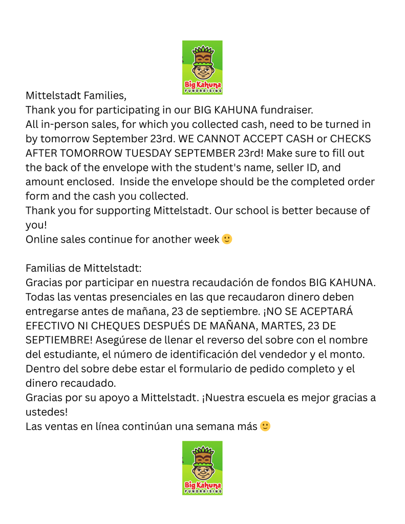 All in-person sales (CASH) due Tuesday, Sept  23rd.