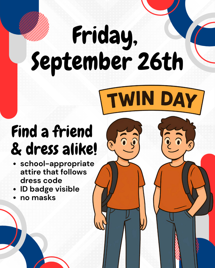 Graphic for twin day that shares that Friday is the correct day for the spirit day.