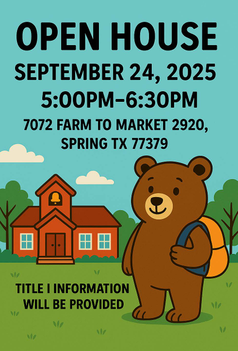 Bear with backpack in front of school for Open House flyer 