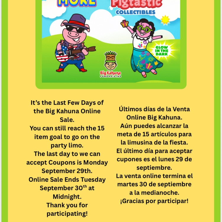 flyer for Big Kahuna fundraiser Sept. 29 last day to accept coupons Tuesday Sept 30 last day for online orders