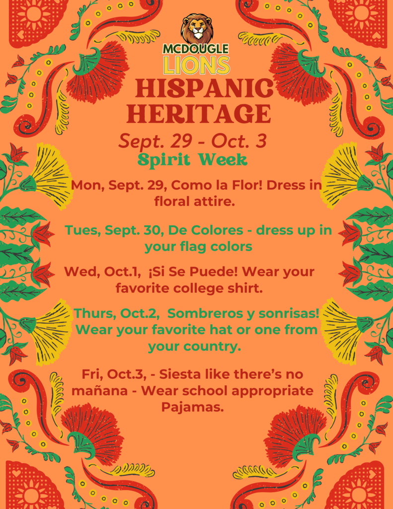 Orange, reds and green Colorful flyer with daily dress up  themes for the week of Sept. 29 -Oct. 3rd