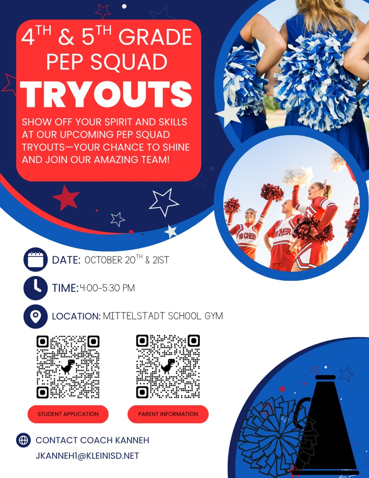 flyer for 4th-5th grade students Pep Squad tryout on October 20-21st from 4:00-5:30 after school 